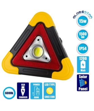 GloboStar® 79080 Φορητό Επαναφορτιζόμενο Τρίγωνο Ασφαλείας - Προβολέας Εργασίας LED COB 15W 1500lm με Ενσωματωμένη Μπαταρία 1200mAh & Φωτοβολταϊκό Πάνελ - 5 Light Modes & Power Bank με Καλώδιο Φόρτισης USB Αδιάβροχο IP54 Ψυχρό Λευκό 6000K